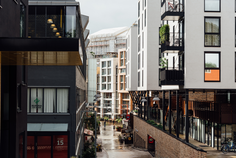 A área de Vulkan junto ao Mathallen e ao rio Akerselva, em Grünerløkka, Oslo