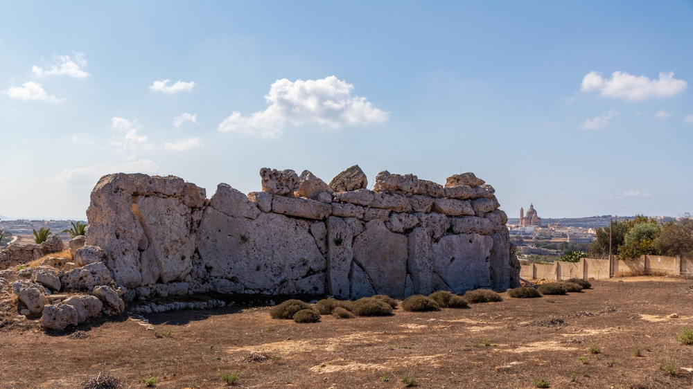 Blocos de pedra no templo de Ġgantija em Xagħra, Gozo