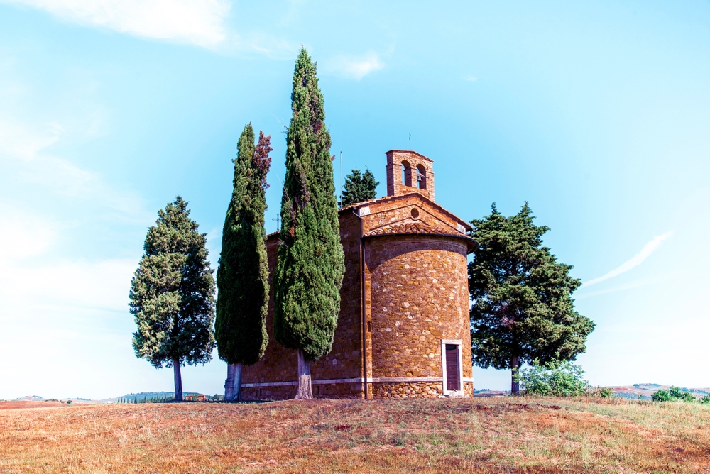 A capela Madonna di Vitaleta na paisagem do Val d'Orcia