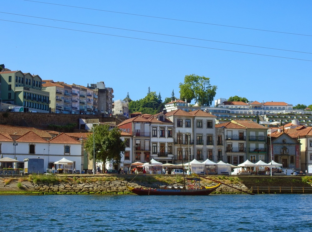 Panorama da margem do rio em Vila Nova de Gaia com as caves de vinho do Porto junto ao rio Douro