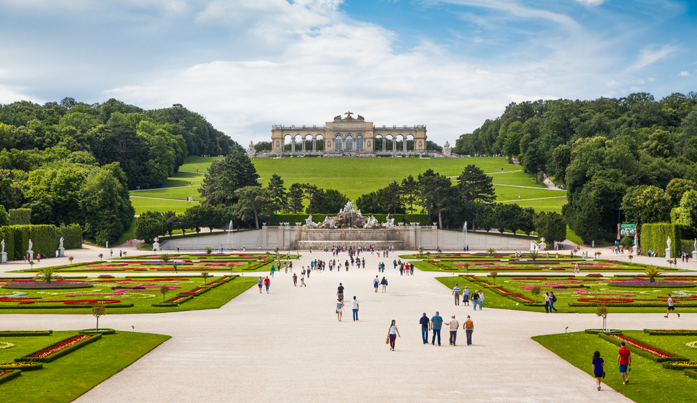 Palácio de Schönbrunn e o jardim do Grande Parterre em Viena
