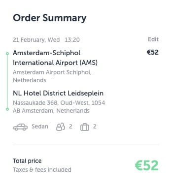 Preço de um táxi reservado de Schiphol até Leidseplein, em Amsterdam