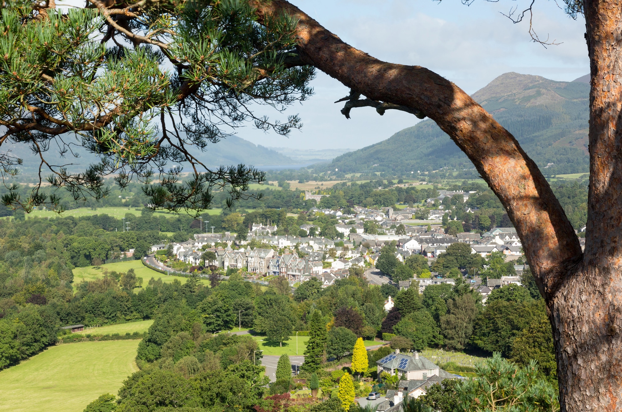 Vista de Keswick a partir de uma encosta arborizada, com campos verdes e montanhas ao fundo